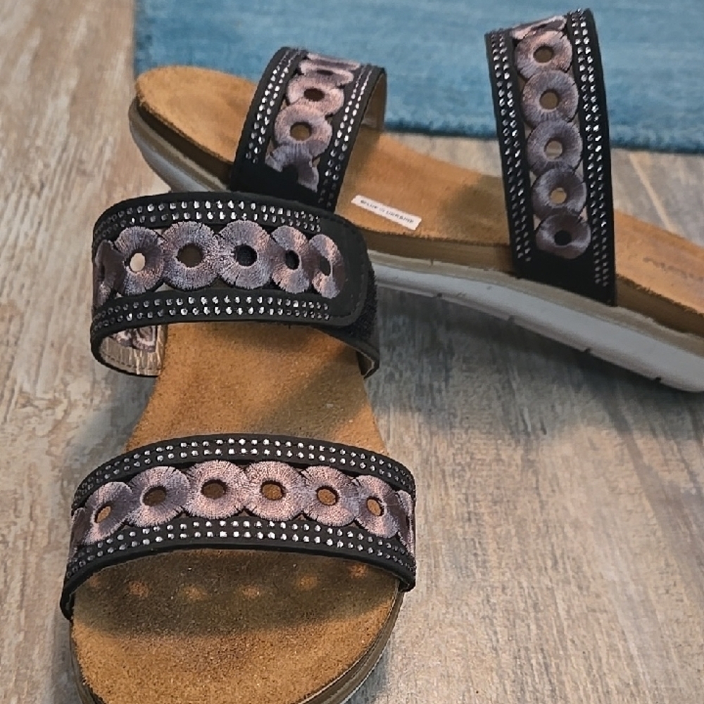 Black and Bronze Sandals with Decorative Velcro and Sparkle Straps